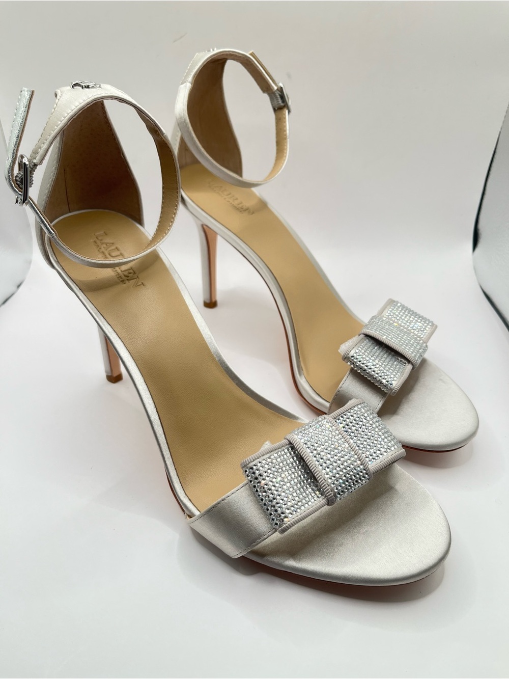 Lauren Ralph Lauren Allie New 9.5B Silver Satin Ankle Strap Heels Rhinestone Bow